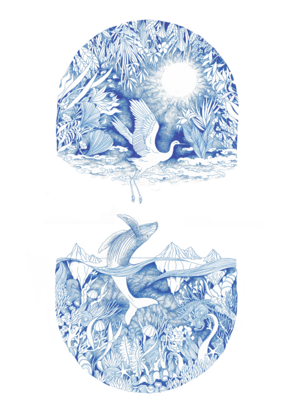 Illustration bleue Earth Capsule, représentant une grue s’envolant et une baleine plongeant dans un monde naturel entrelacé.