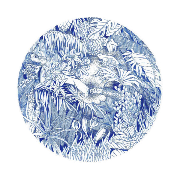 Illustration bleue Jane représentant une femme dans une jungle luxuriante, inspiré par Jane Goodall et son engagement pour la nature.