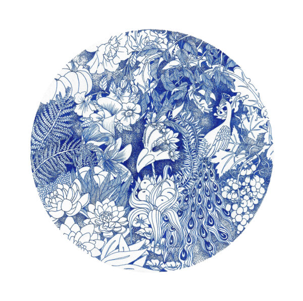 illustration bleue détaillée représentant Lucrezia Borgia, entourée de motifs floraux et animaliers, dans un style inspiré de la Renaissance.