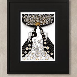 Illustration astro capricorne représentant une femme majestueuse, couronnée d'un arbre doré, avec une chevelure noire étoilée.