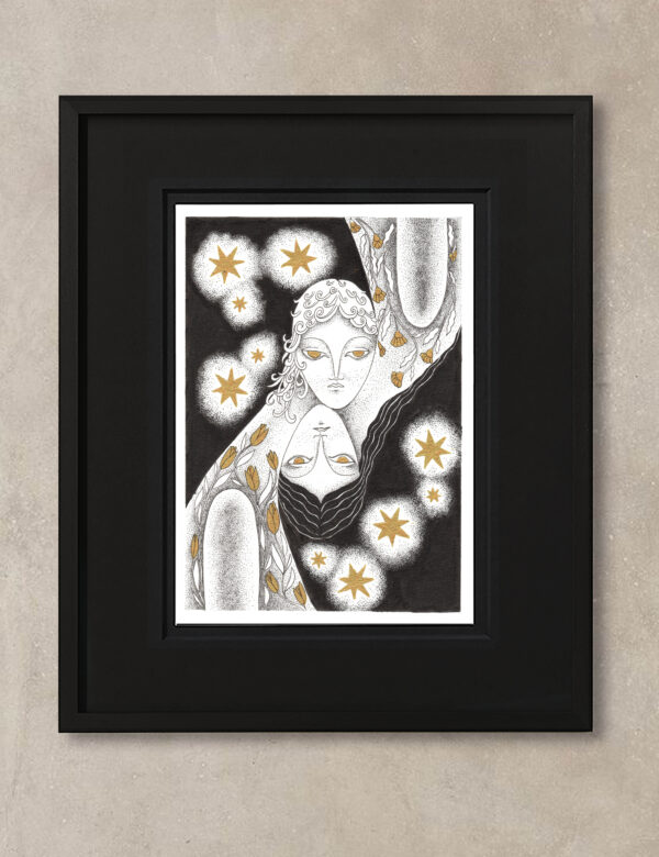 Illustration astro représentant deux visages entrelacés, avec des étoiles dorées et des motifs floraux, symbolisant la dualité des Gémeaux.