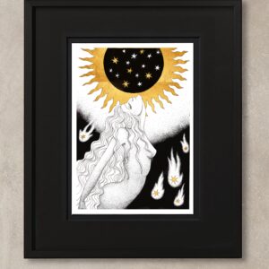 Illustration astro Lion représentant une femme à la chevelure ondoyante levant la tête vers un soleil doré, entourée d’étoiles et de météores enflammés.