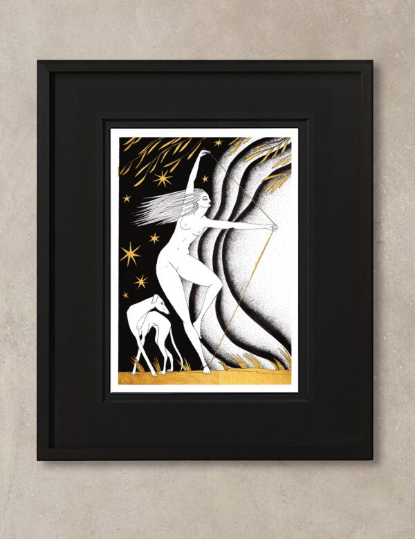 Illustration astro Sagittaire représentant une femme Sagittaire tenant un arc, accompagnée d’un lévrier, sous un ciel étoilé doré.