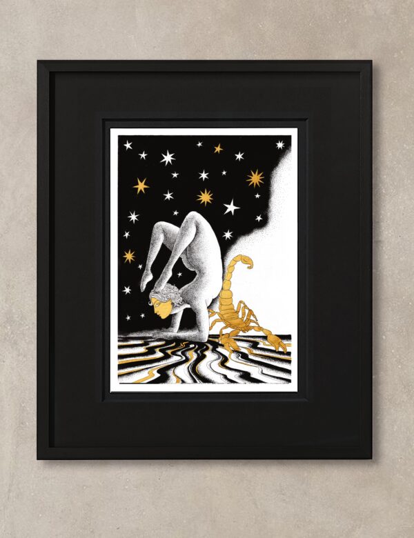 Illustration astro Scorpion représentant une figure humaine cambrée et un scorpion doré, sous un ciel étoilé mystérieux.