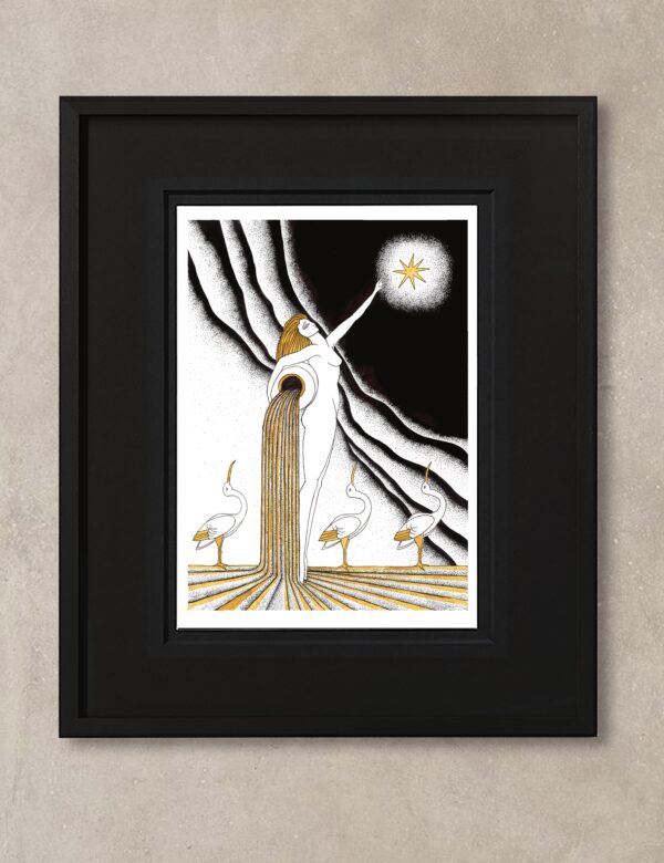 Illustration astro verseau représentant une femme verseuse d'eau dorée, entourée d'oiseaux gracieux dans un univers étoilé noir et or.