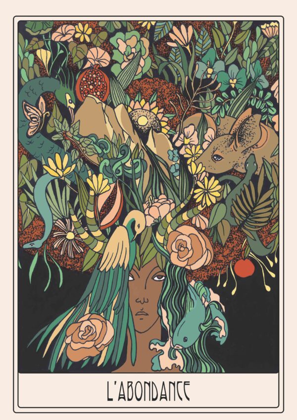 Illustration oracle L'Abondance, représentant une composition luxuriante de plantes, fleurs, animaux exotiques et fruits entourant un visage féminin central.