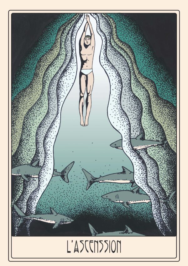 Illustration oracle ascension d'un homme plongeant vers la surface, entouré de requins et d'effets de vagues, en camaïeu de bleu et vert, réalisée en dotwork et pointillisme.
