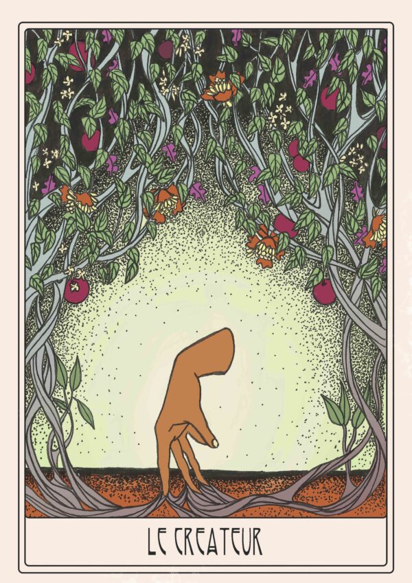 Illustration oracle "Le Créateur" représentant une main délicate dont les doigts se transforment en racines, s'entremêlant pour former une arche végétale ornée de fleurs, feuilles et grenades, exprimant la croissance et la connexion à la nature.