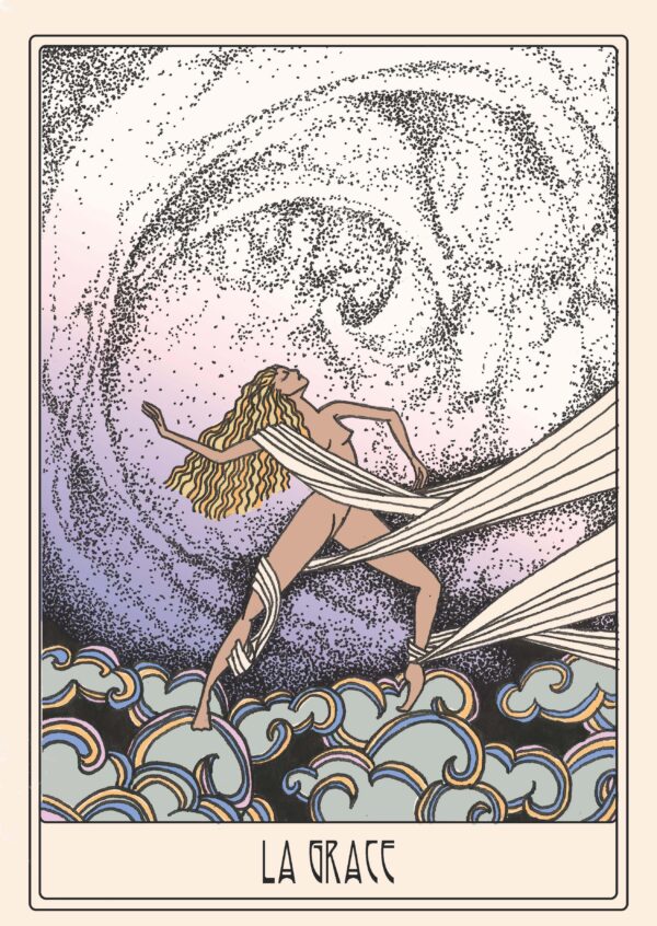 Illustration oracle La Grâce représentant une femme en mouvement entre vagues tourbillonnantes et arrière-plan cosmique, incarnant harmonie et élégance.