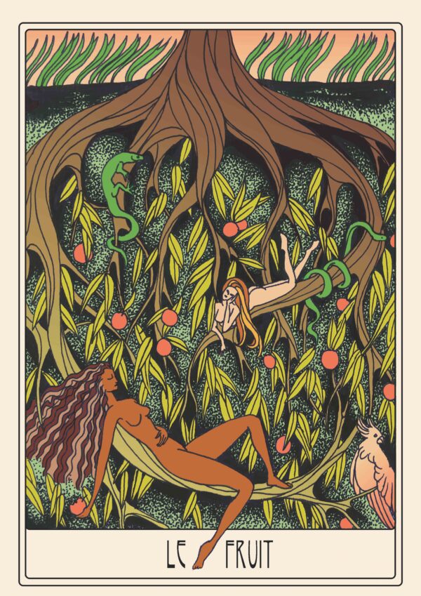 Illustration oracle Le Fruit représentant des racines d’arbre entremêlées où deux femmes nues se reposent, accompagnées d’un caméléon vert et d’un perroquet, dans une scène évoquant le Jardin d’Éden.