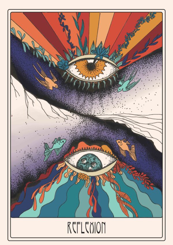 Illustration oracle Réflexion représentant deux yeux enchâssés dans des paysages contrastés, un monde terrestre lumineux et un univers aquatique mystérieux.