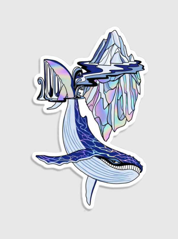 Sticker holographique Baleine magique avec une baleine à bosse souriante et un iceberg, doté d'un effet arc-en-ciel ultra-réfléchissant.