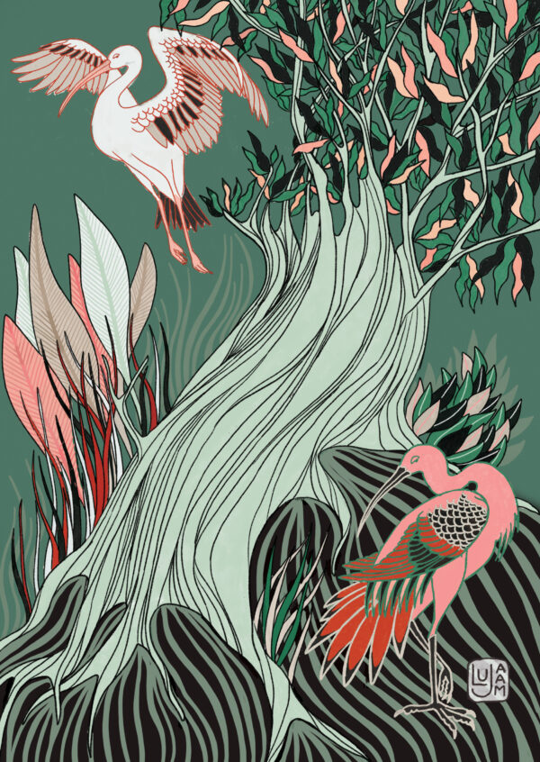 Carte postale Ibis : illustration de deux ibis dans un décor végétal stylisé, l’un en vol, l’autre posé avec grâce.