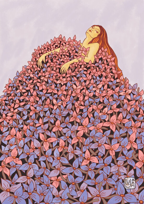 Carte postale Printemps, illustration d’une femme allongée dans un champ de fleurs roses et violettes, représentant l’éveil et la beauté du printemps.