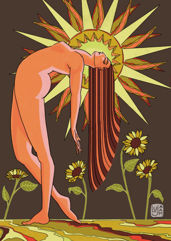 Carte postale Été : illustration d’une femme en extension sous un soleil rayonnant, avec de longs cheveux et des tournesols, aux couleurs chaudes.