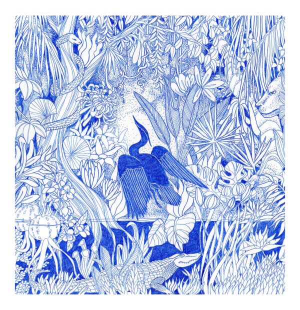 Illustration bleue Jungle, représentant une scène de jungle avec oiseau en vol, crocodile caché, serpent enroulé autour d’un arbre et végétation luxuriante.