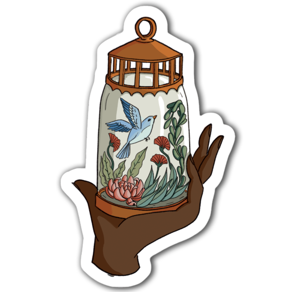 Sticker "Lanterne Enchantée" représentant une main tenant une lanterne ornée de motifs naturels. La Lanterne Enchantée évoque la nature comme guide et symbole de lumière intérieure.