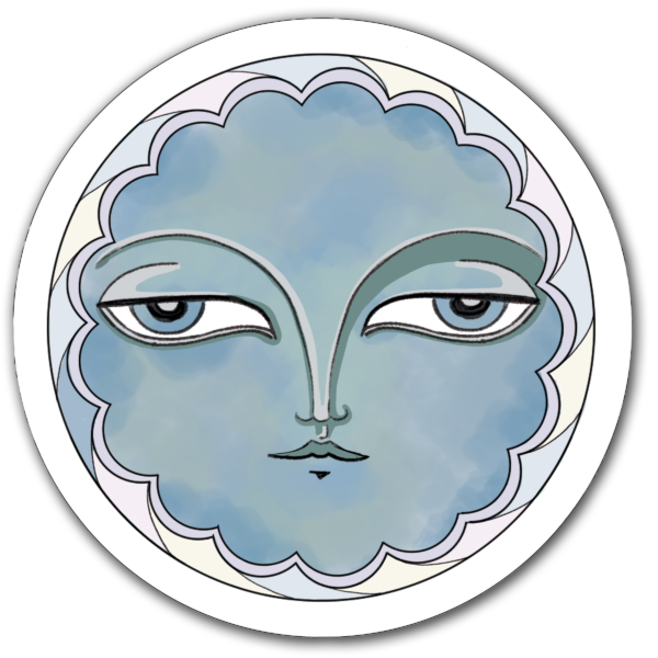 Sticker lune mystique représentant un visage stylisé aux couleurs douces, entouré d'un contour décoratif évoquant la spiritualité et les cycles lunaires.