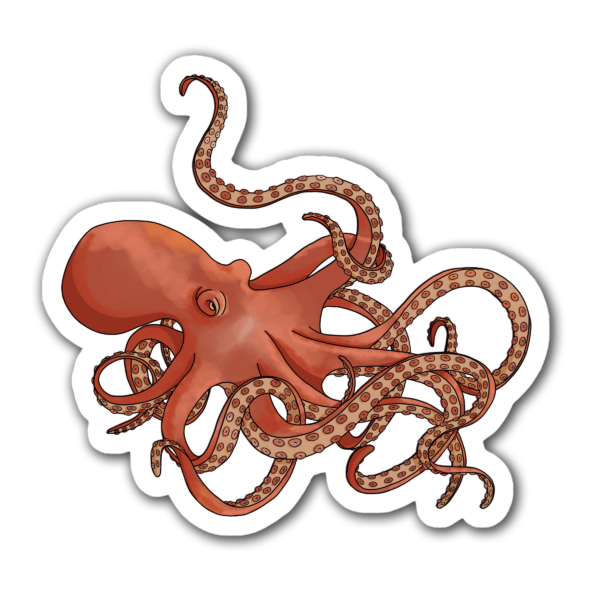 Sticker pieuvre flagmatique rouge aux tentacules emmêlées, évoquant la mer, la souplesse et l'intelligence marine.
