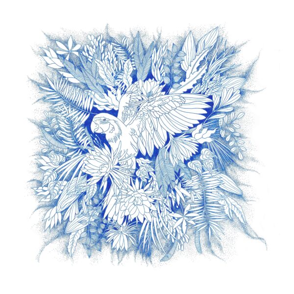 Illustration bleue Liberté, représentant un perroquet aux ailes déployées, volant parmi des fleurs et feuillages luxuriants.