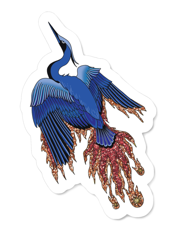 Sticker pailleté Phénix magique avec un oiseau bleu majestueux en plein envol, et une queue en flammes étincelantes