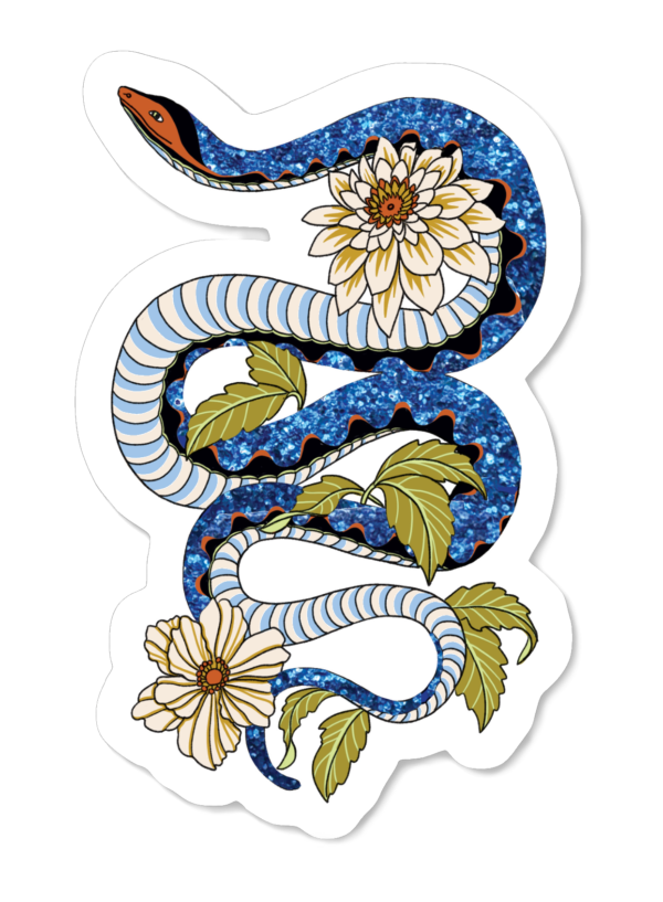 Sticker pailleté Serpent magique avec un serpent bleu onduleux entouré de fleurs blanches, brillamment scintillant de paillettes.