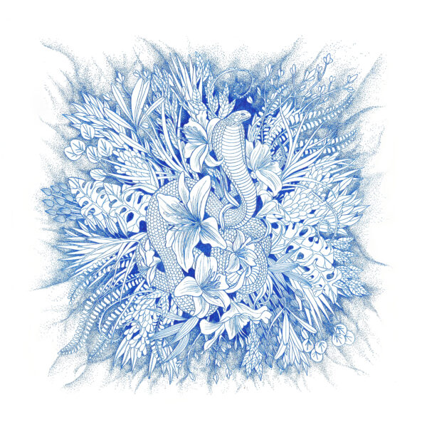 Illustration bleue Envoûtement, représentant un serpent s’enroulant autour de fleurs dans une composition riche et hypnotique.