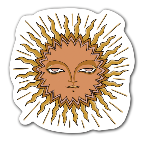 Sticker soleil bienveillant au visage clément et rayonnant, et aux couleurs dorées et chaudes, incarnant la vitalité et la lumière intérieure.