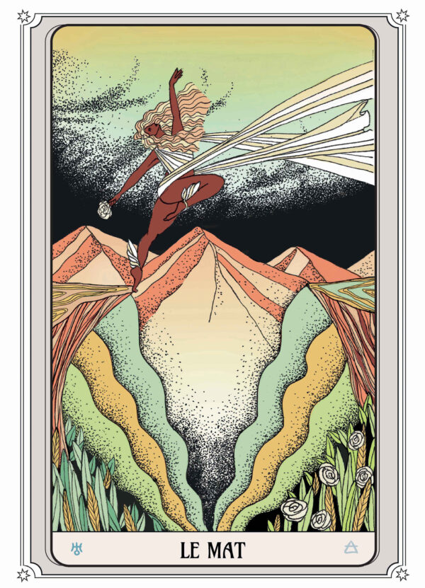 Illustration de l'arcane majeure du tarot 0-Le Mat représentant une figure sautant d'une montagne avec une rose blanche à la main et un paysage montagneux en arrière-plan.