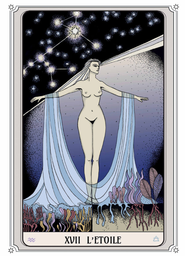 Illustration tarot L’Étoile : une femme lumineuse sous un ciel étoilé, tenant des voiles translucides au-dessus de coraux colorés.