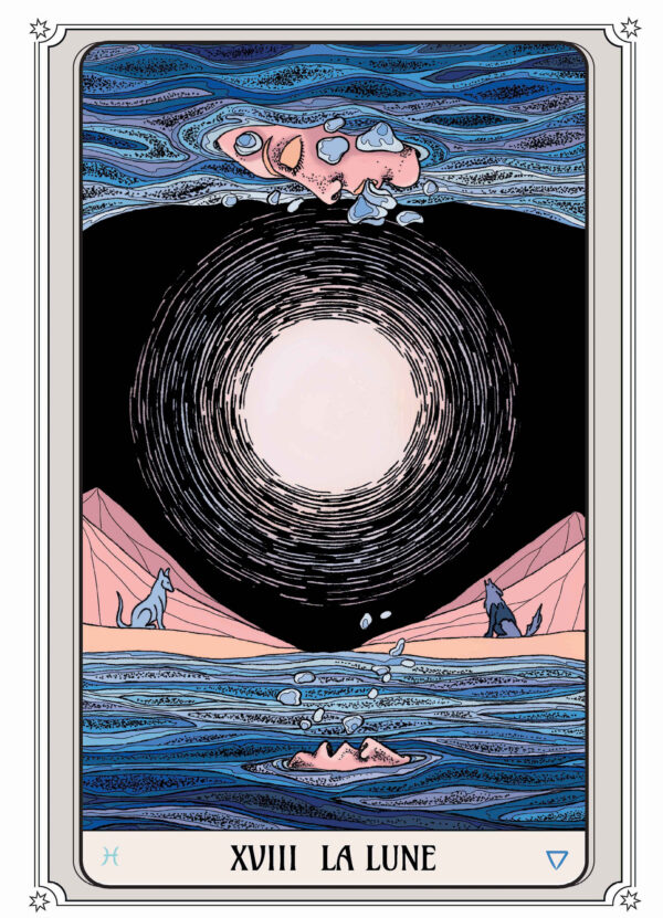 Illustration tarot La Lune : un visage émergeant des eaux, entouré de deux loups hurlant à une lune lumineuse en spirale.