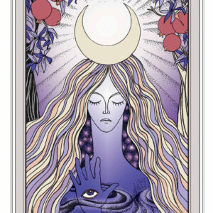 Illustration de la carte de tarot La Grande Prêtresse, représentant une femme couronnée d'un croissant de lune avec une main ornée d’un œil s’élevant des eaux.