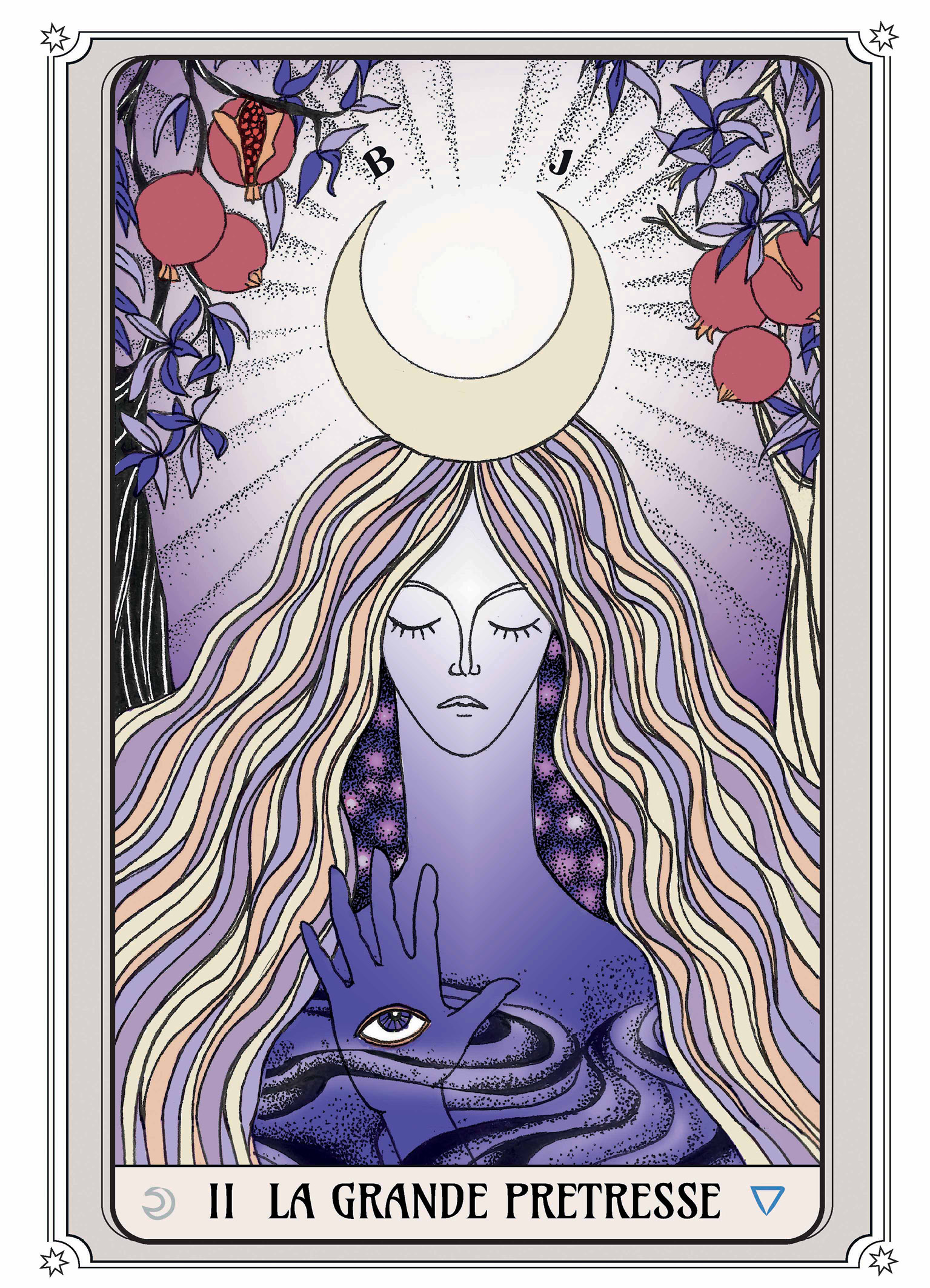 Illustration de la carte de tarot La Grande Prêtresse, représentant une femme couronnée d'un croissant de lune avec une main ornée d’un œil s’élevant des eaux.