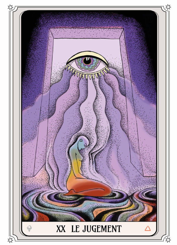 Illustration tarot Le Jugement : une silhouette agenouillée baignée de lumière divine sous l’œil omniscient.