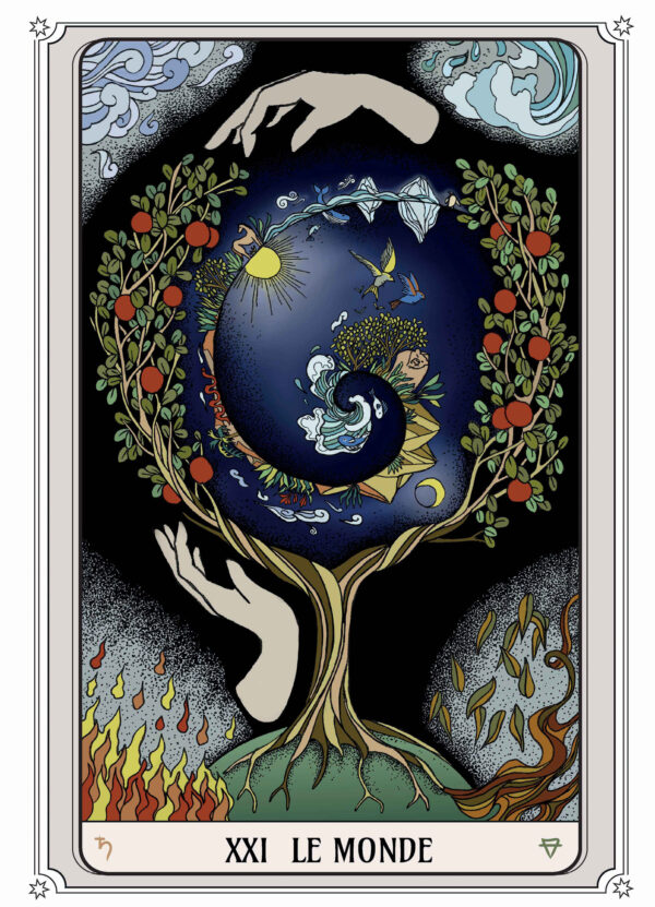 Illustration tarot Le Monde : un cercle cosmique vibrant entouré d’un arbre fruité et des éléments naturels en équilibre parfait.