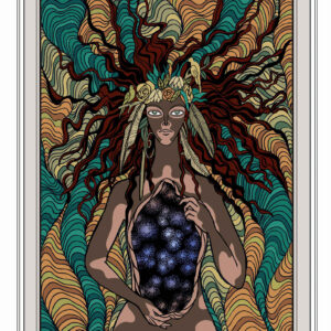 Illustration tarot L’Impératrice, représentant une femme couronnée de fleurs, tenant un univers étoilé sur un fond aux motifs organiques.
