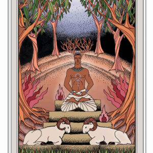 Illustration tarot L’Empereur, représentant un homme méditatif orné de bois de cerf, assis entre deux béliers, entouré de flammes et de nature.