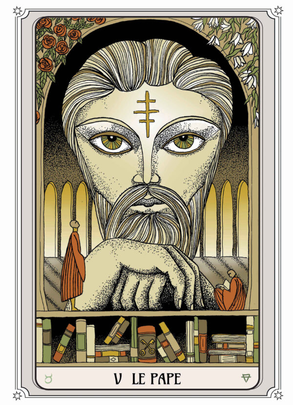 Illustration tarot Le Pape, représentant un visage imposant avec un symbole sacré sur le front, deux figures révérentes, et une étagère de livres symbolisant la connaissance