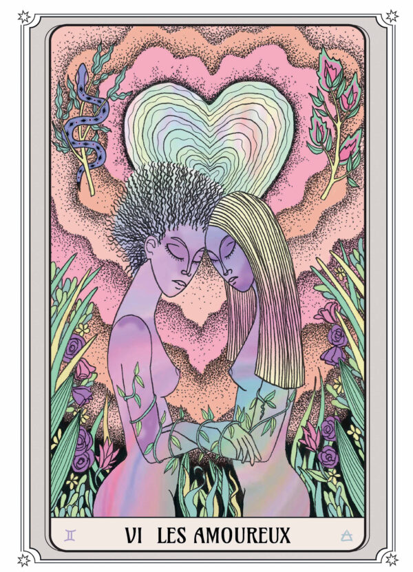 Illustration tarot Les Amoureux, représentant deux figures intimement liées, entourées de plantes, de fleurs et d’un grand cœur multicolore.