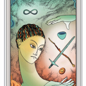Illustration de la carte de tarot Le Bateleur, représentant un personnage créatif entouré des quatre outils du tarot : épée, coupe, bâton et pentacle.
