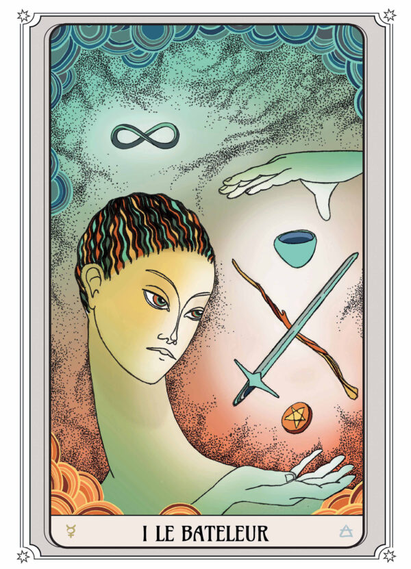 Illustration de la carte de tarot Le Bateleur, représentant un personnage créatif entouré des quatre outils du tarot : épée, coupe, bâton et pentacle.