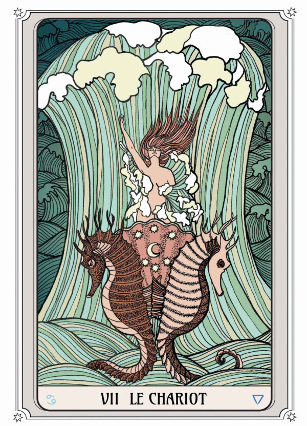 Illustration tarot Le Chariot, montrant une figure sur un char tiré par deux hippocampes sous une cascade.