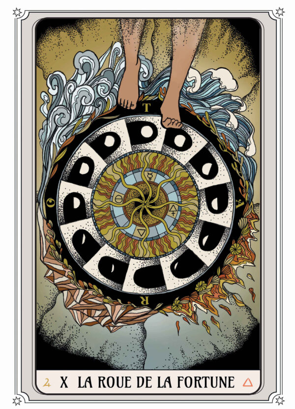 Illustration tarot La Roue de la Fortune, avec une roue centrale entourée de flammes, de vagues et de feuilles, représentant les cycles de la vie.