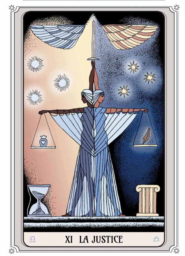 Illustration tarot La Justice, représentant une figure ailée tenant une balance et une épée, entourée de symboles d'équilibre et de vérité.