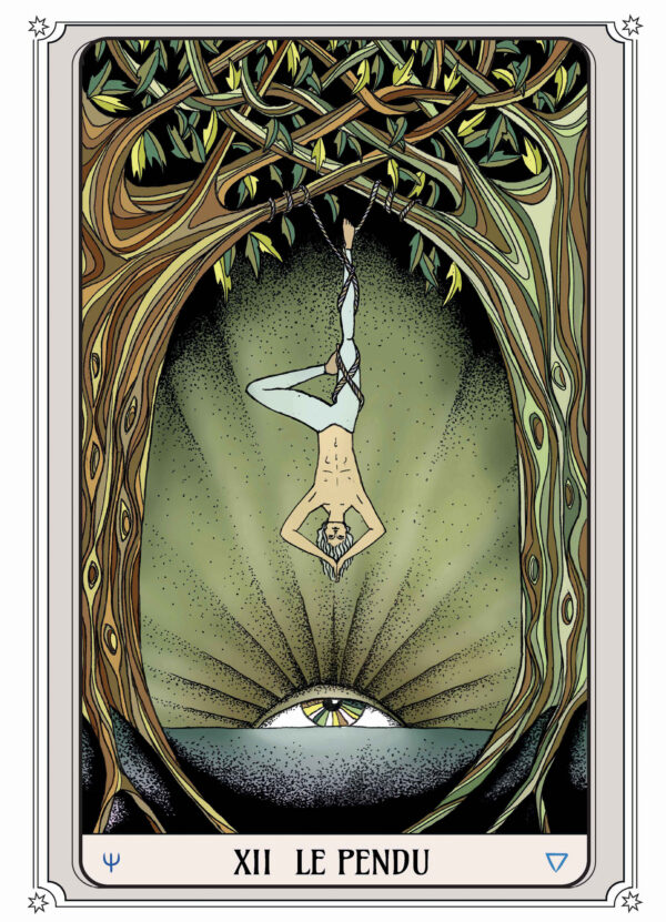 Illustration tarot Le Pendu, représentant une figure suspendue entre deux arbres, un œil rayonnant en arrière-plan.