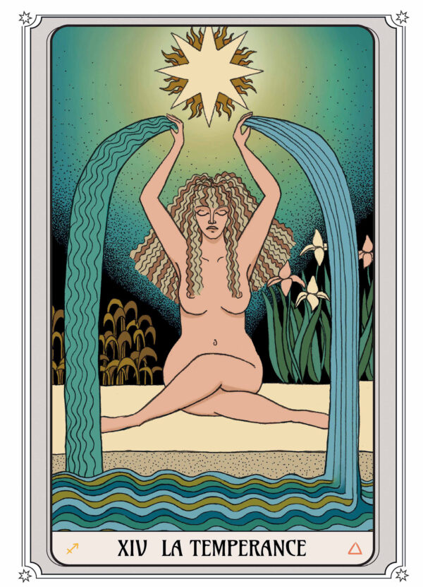 Illustration tarot La Tempérance, montrant une figure sereine versant de l’eau, symbolisant équilibre et harmonie.