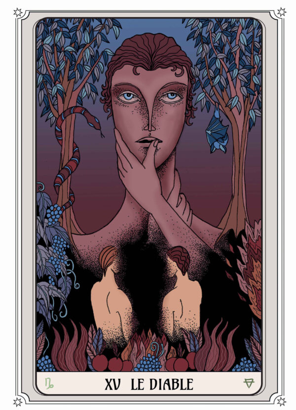 Illustration tarot Le Diable, montrant une figure pensante entourée de symboles de tentation et de captivité.
