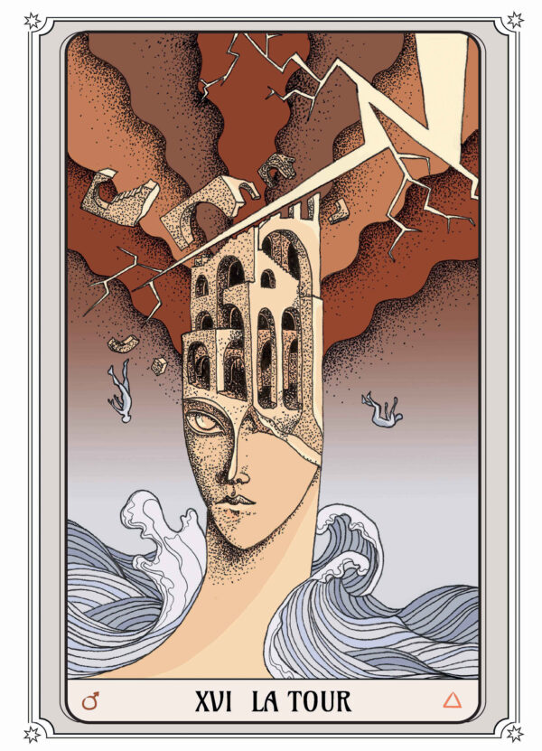 Illustration tarot La Tour, montrant une tour anthropomorphe frappée par un éclair et entourée de vagues tumultueuses.