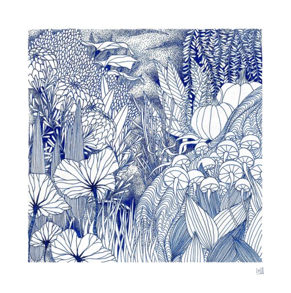 illustration bleue Automne représentant une scène automnale avec feuillages, champignons et plantes sauvages.