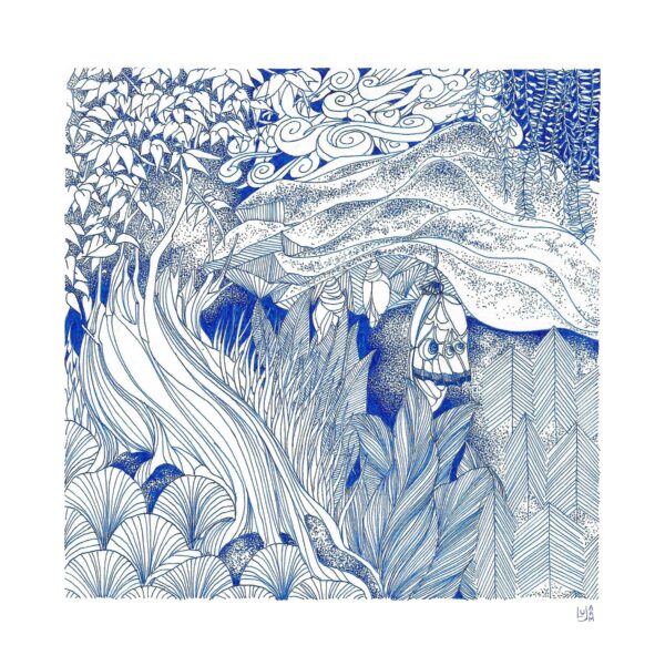 Illustration bleue Printemps, représentant un paysage printanier avec feuillages luxuriants, brise légère et nature en pleine floraison.